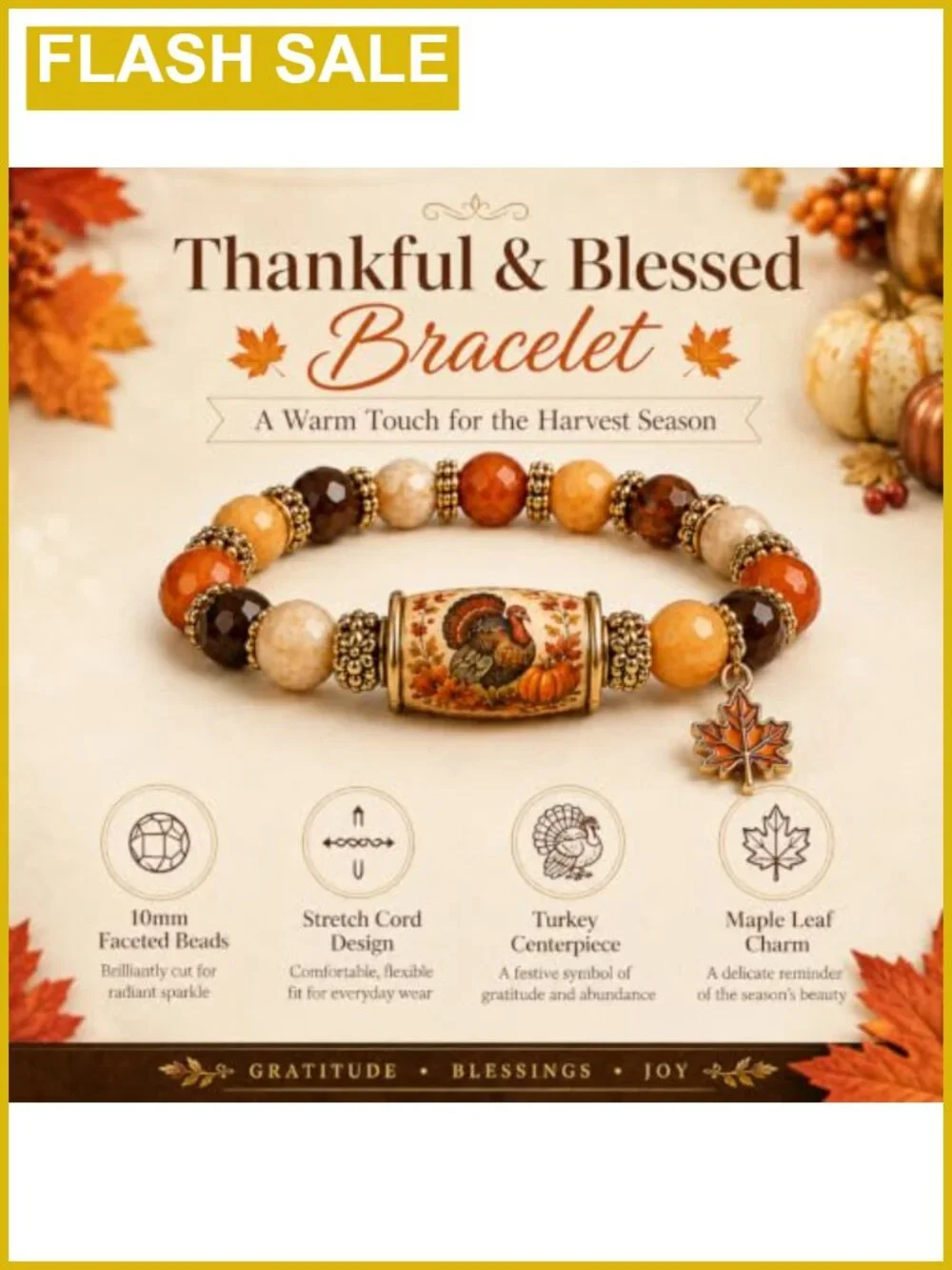 Thanksgiving Charm Bracelet for Women Adjustable Beaded Stretch Blessing